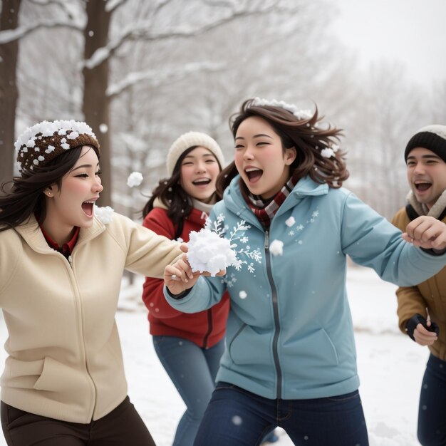 Um grupo de amigos ou membros da família envolvidos numa luta de bolas de neve animada