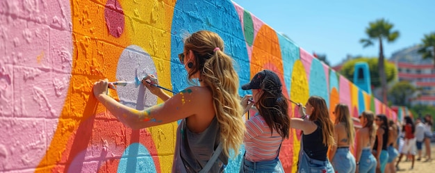 Um grupo de amigos pintando um mural juntos papel de parede