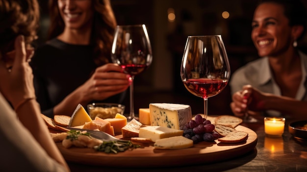 Um grupo de amigos prova uma variedade de queijos com vinho em um restaurante