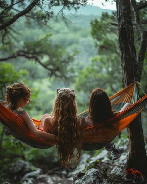 Um grupo de amigos relaxando em hamacas de fundo