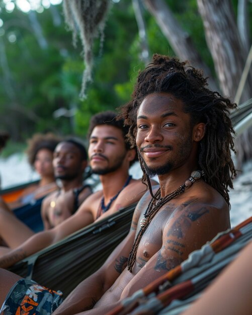 Foto um grupo de amigos relaxando em hamacas de fundo