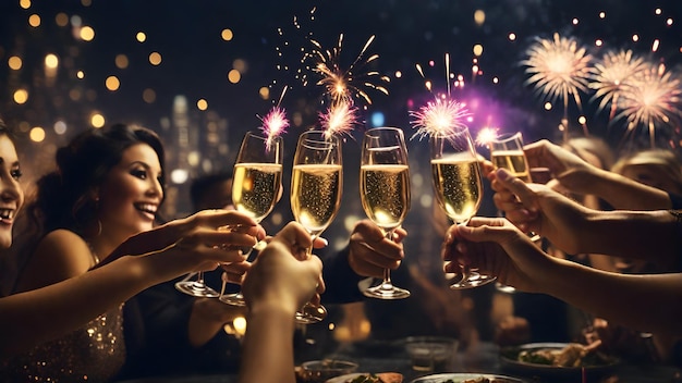 Foto um grupo de amigos reunidos em torno de uma mesa batendo seus copos de champanhe juntos em um brinde ao novo ano com fogos de artifício explodindo no fundo