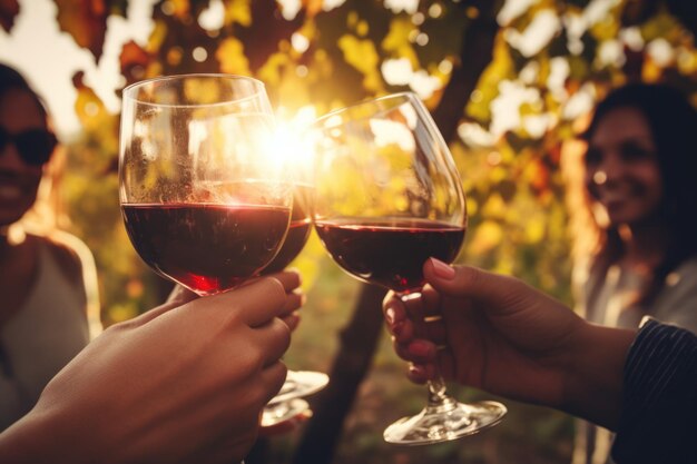 Foto um grupo de amigos reunindo-se para provar vinho na beleza da vinha do campo.