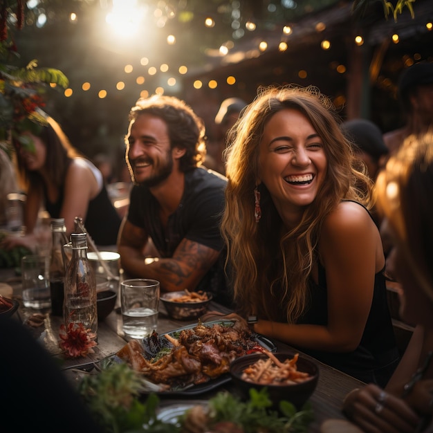 Foto um grupo de amigos rindo e desfrutando de um jantar ao ar livre