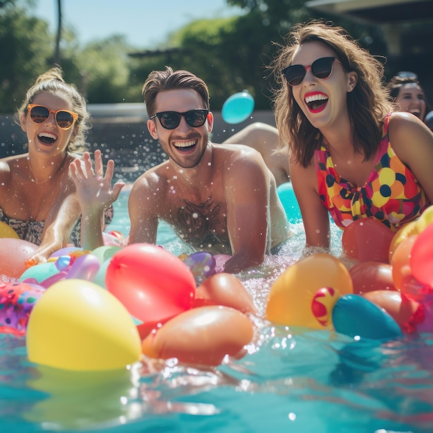 Um grupo de amigos rindo e salpicando em uma piscina com flutuadores de cores brilhantes e bebidas na mão