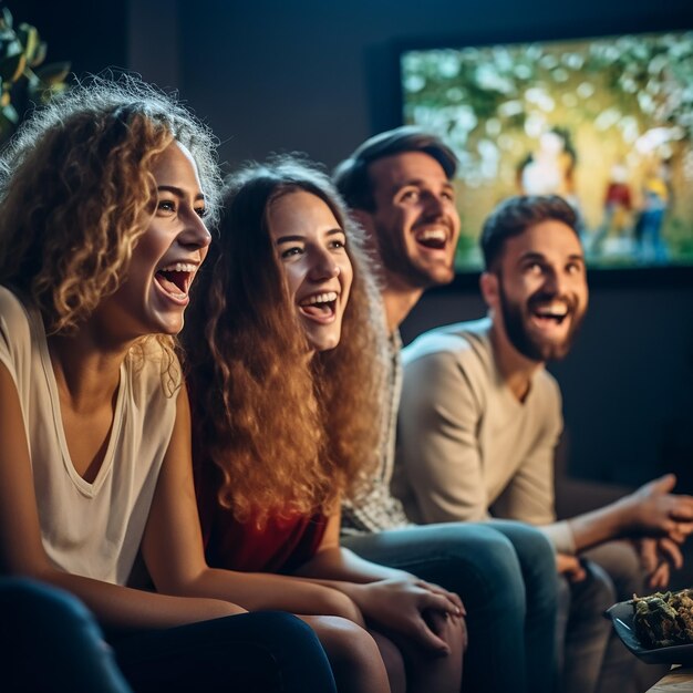 Um grupo de amigos rindo e se divertindo enquanto assiste a um filme ou série