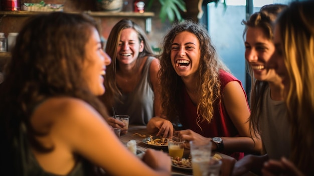 Foto um grupo de amigos rindo enquanto contam histórias imagens de saúde mental ilustração fotorrealista