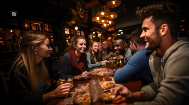 Um grupo de amigos se divertindo juntos em um pub bebendo cerveja e comendo pizza