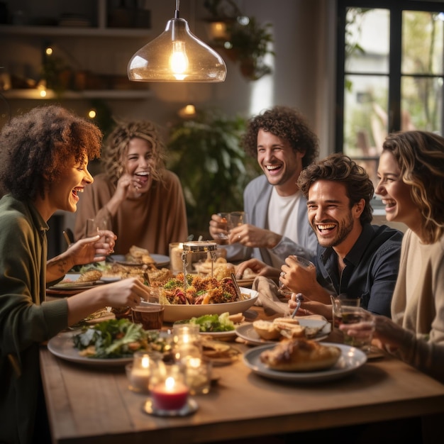 Foto um grupo de amigos se reúne em torno de uma mesa de café da manhã, desfrutando juntos de uma refeição calorosa e saudável