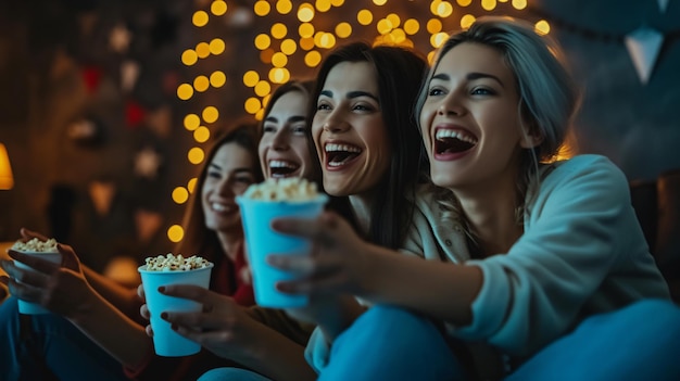 Foto um grupo de amigos se unem durante uma noite de maratona de filmes, rindo, comendo pipocas e desfrutando da companhia um do outro.