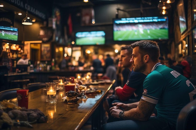 Foto um grupo de amigos sentados em uma mesa em um bar e vendo futebol em uma tela grande