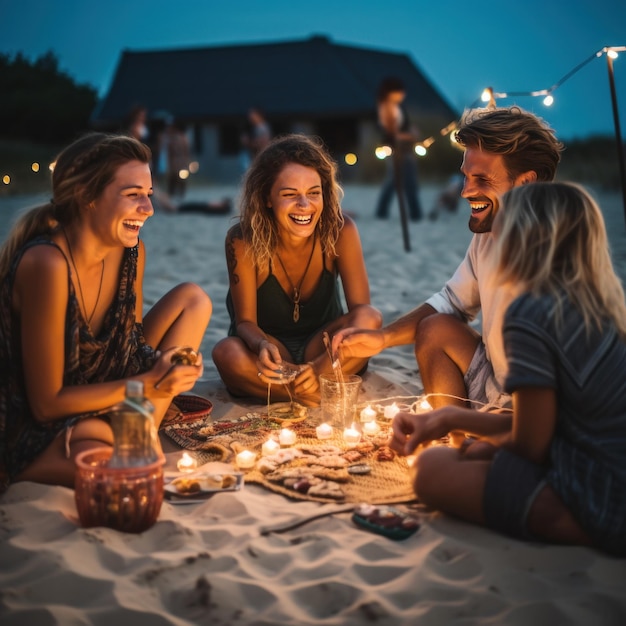 Um grupo de amigos sentados na areia rindo e conversando enquanto desfrutam de bebidas