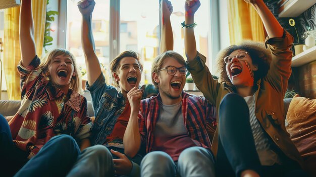 Um grupo de amigos sentados no sofá a ver televisão, todos entusiasmados e animados.