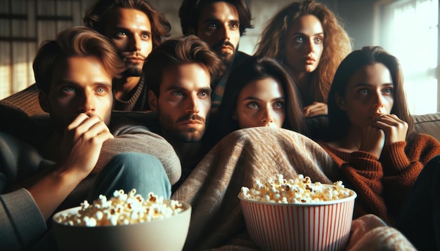 Foto um grupo de amigos sentam-se no sofá e gostam de assistir a um filme enquanto comem pipoca juntos