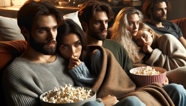 Foto um grupo de amigos sentam-se no sofá e gostam de assistir a um filme enquanto comem pipoca juntos