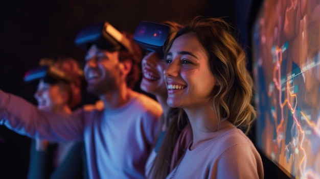 Um grupo de amigos sorrindo e apontando para uma exposição num museu onde podem ver modelos de