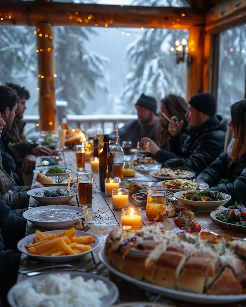 Foto um grupo de amigos tendo um jantar de potluck papel de parede
