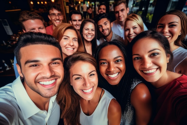 um grupo de amigos tirando uma selfie em grupo em um evento social gerador de IA