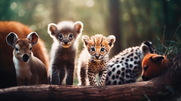 Um grupo de animais bebê com um tigre bebê no fundo da floresta
