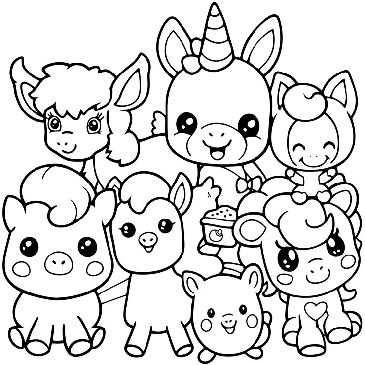 Foto um grupo de animais de desenho animado com um unicórnio e outros animais