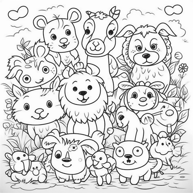 um grupo de animais de desenho animado em um campo com flores e nuvens geradoras de IA