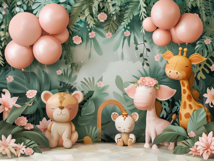 Foto um grupo de animais de pelúcia estão dispostos em uma sala com paredes cor-de-rosa