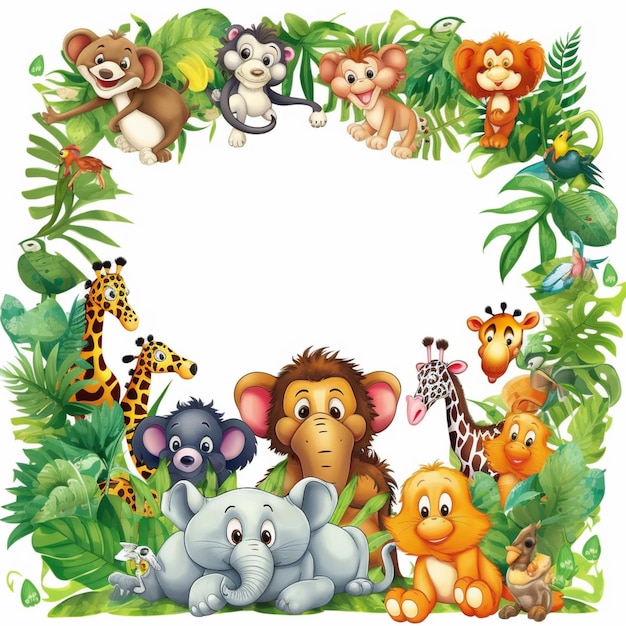 Um grupo de animais em um quadro de selva com folhas generativas ai
