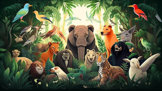 um grupo de animais na floresta em estilo design plano