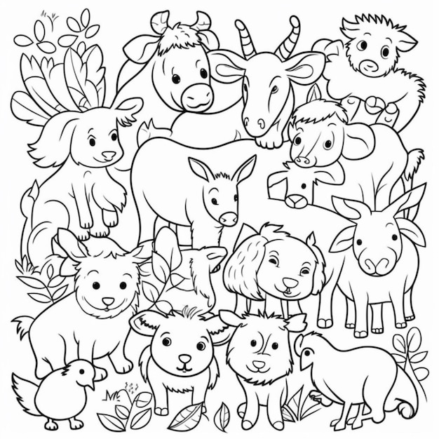 um grupo de animais para colorir páginas generativas ai