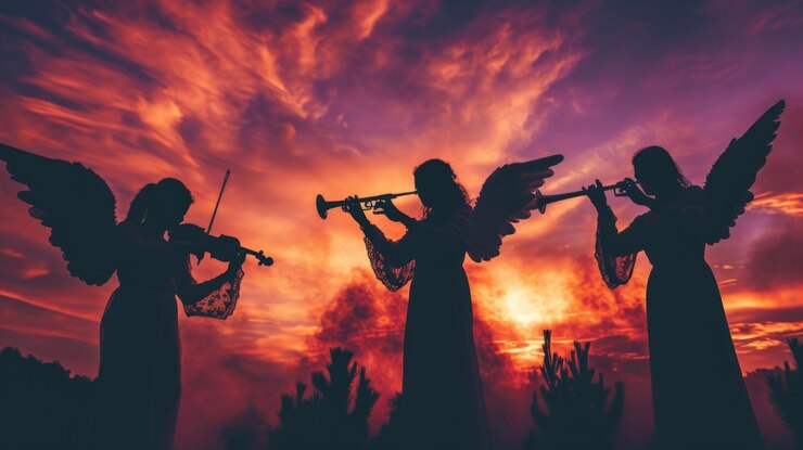 Foto um grupo de anjos tocando instrumentos musicais em silhueta contra um céu laranja e roxo ardente