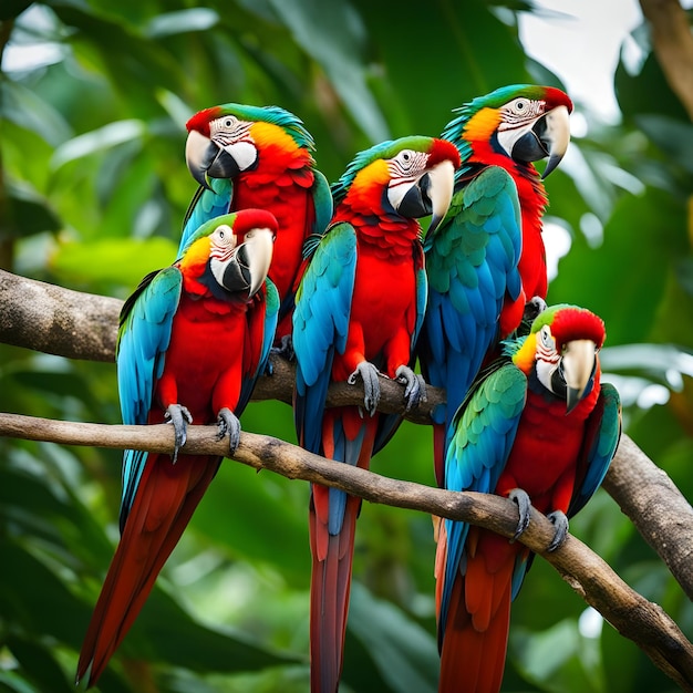 Um grupo de araras coloridas empoleiradas em galhos de árvores na floresta amazônica