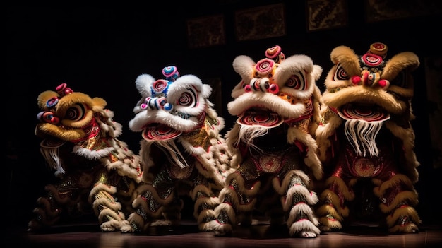 Um grupo de artistas de dança do leão chinês está alinhado em um palco.