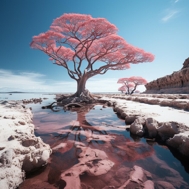 Um grupo de árvores com flores cor de rosa sobre eles