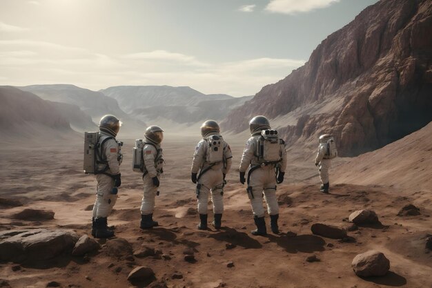 Um grupo de astronautas a caminhar num planeta.
