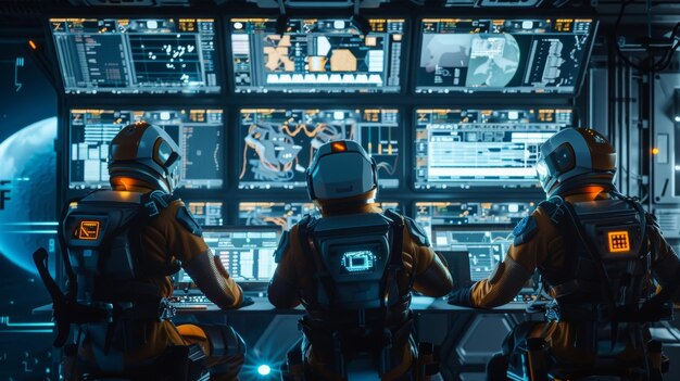 Um grupo de astronautas trabalha em conjunto para solucionar um problema técnico.