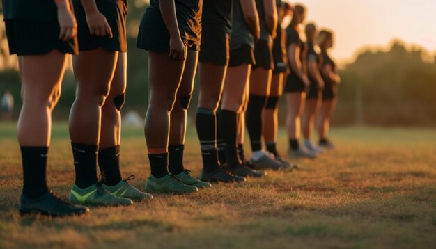 Foto um grupo de atletas praticando trabalho em equipe em um campo gramado gerado por ia