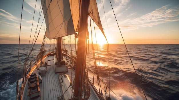 Um grupo de aventureiros navegando através de um vasto mar aberto sob um céu de pôr-do-sol vibrante uma mistura de antecipação e liberdade