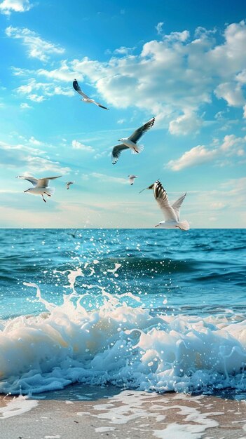 um grupo de aves voando sobre um corpo de água generativo ai