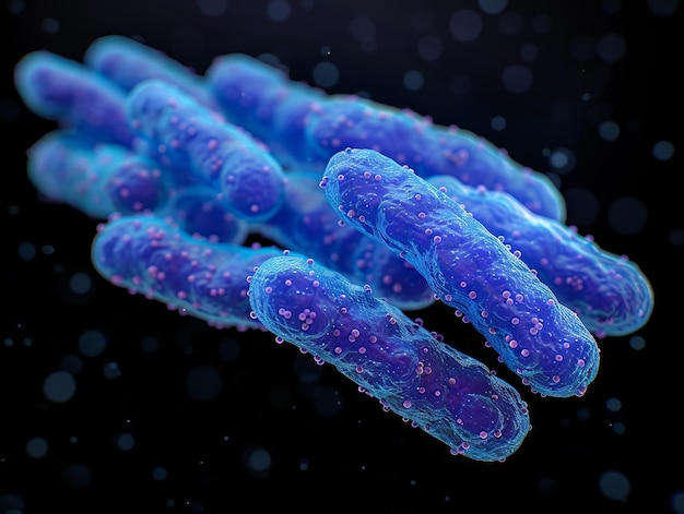 Um grupo de bactérias azuis sobre um fundo preto