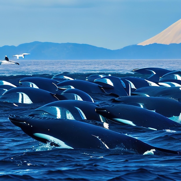 Um grupo de baleias assassinas surgindo em uníssono