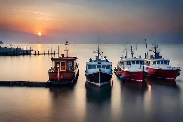 Foto um grupo de barcos está atracado num cais.