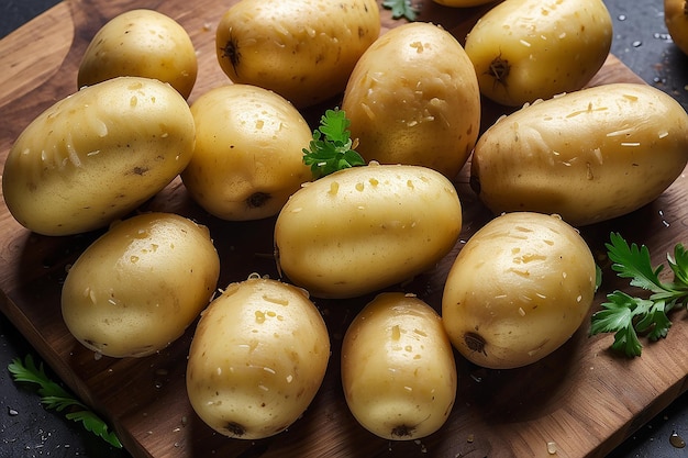 Foto um grupo de batatas molhadas numa tábua de cortar