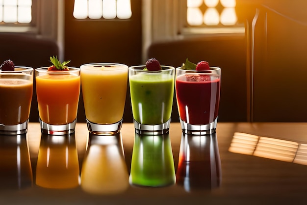 Foto um grupo de bebidas diferentes com uma que contém uma fruta