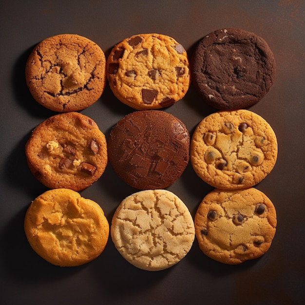 Um grupo de biscoitos está disposto sobre uma mesa.