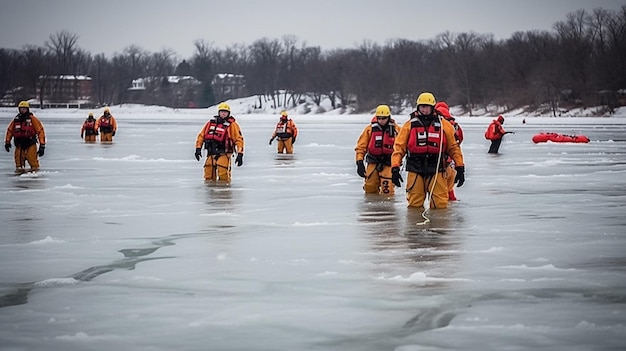 Um grupo de bombeiros atravessa um lago congelado.