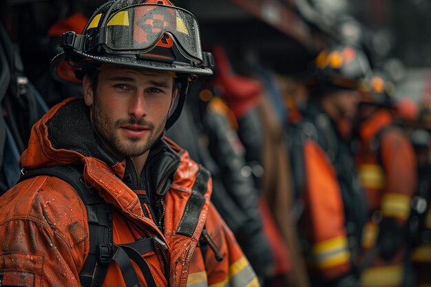 Um grupo de bombeiros de pé um ao lado do outro dia internacional dos bombeiros