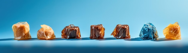 Um grupo de bombons de chocolate em um fundo azul