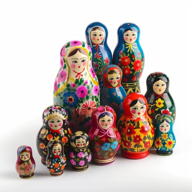 Um grupo de bonecas coloridas sentadas juntas