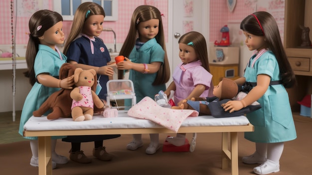 Um grupo de bonecas está reunido em torno de uma mesa com uma mulher de vestido rosa.