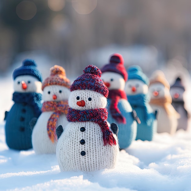 um grupo de bonecos de neve parados na neve com um lenço na cabeça e no pescoço